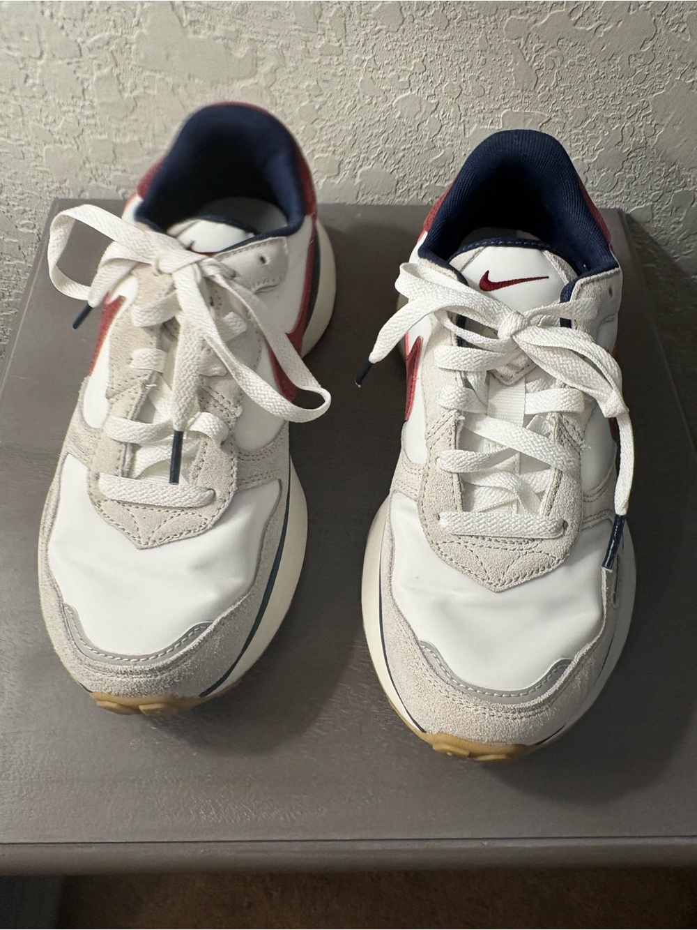 Nike Phoenix Waffle White Sneakers with Burgundy Swoosh and Navy Lining - Picture 4 of 11